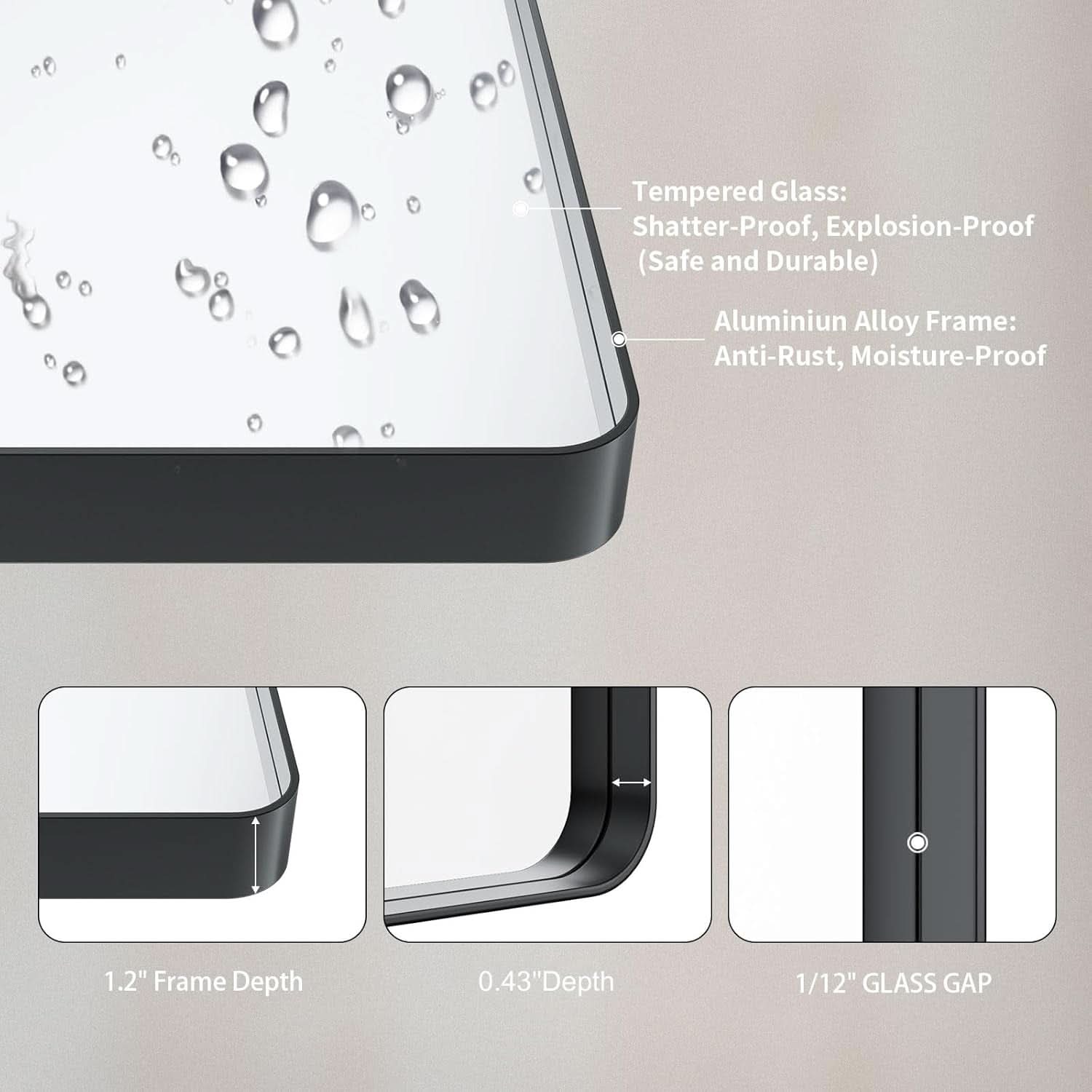 48X32 Inch Matte Black AntiRust Tempered Glass Mirror